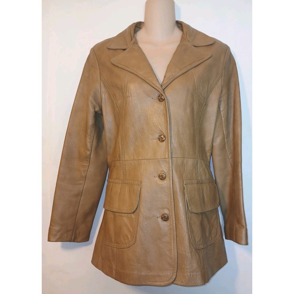 Vintage 80's Lady Grais Tan Leather Blazer Jacket Size 12 Made In USA  AC